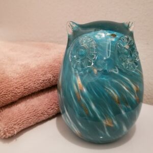 Owl Hand‎ Blown Art Glass Paperweight Teal Gold Clear Glass Glaze Art 4.5"